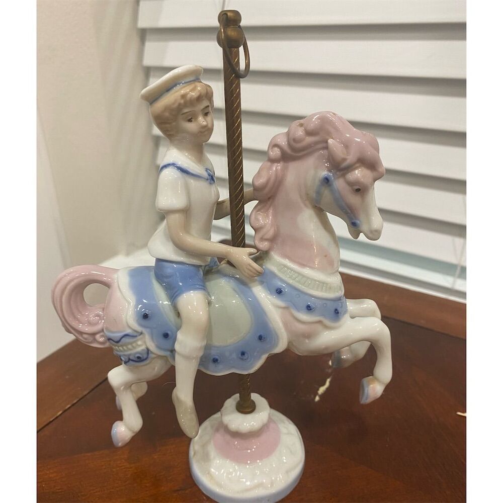 Vintage Paul Sebastian Porcelain Figurine Boy on Carousel Horse 9" Tall